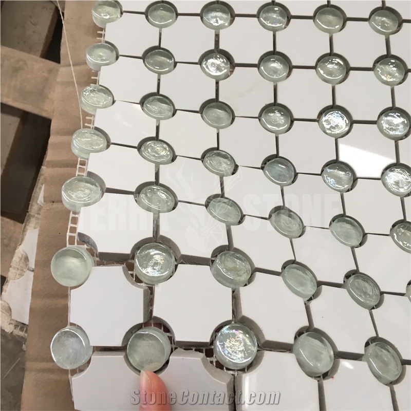 Crystal Glass And Thassos Marble Mosaic Penny Round Tile