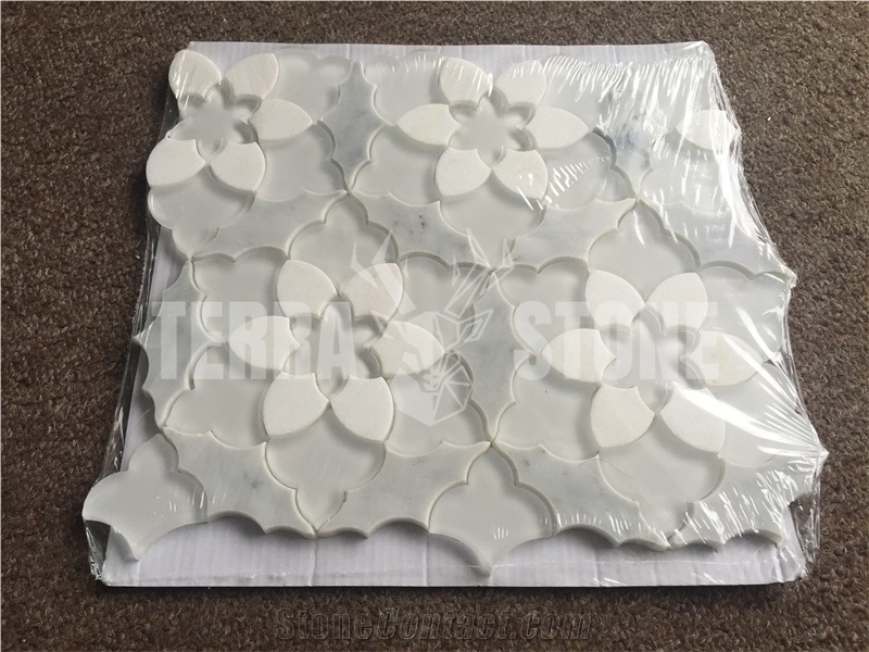 Crystal Glass Mix White Marble Water Jet Mosaic Kitchen Tile