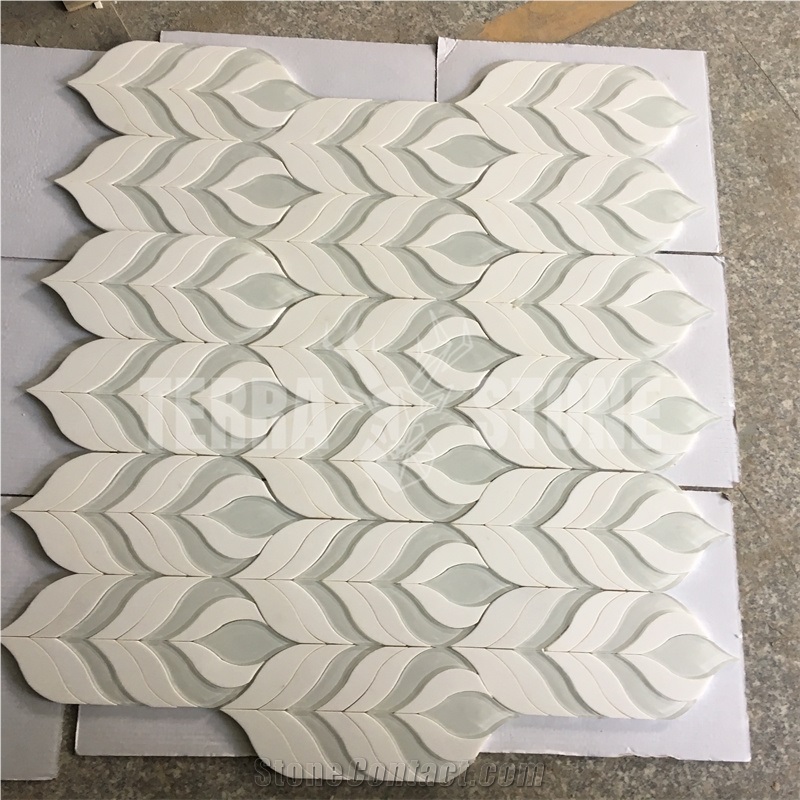 Crystal Thassos White Marble And Glass Water Jet Mosaic Tile