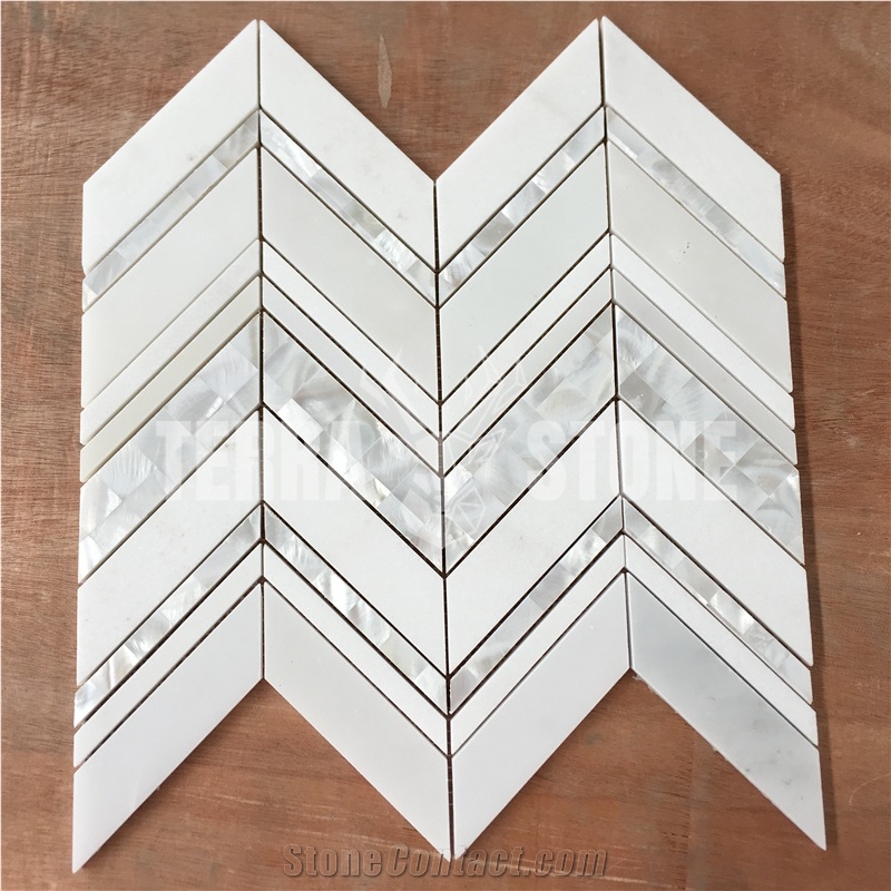 Crystal White Marble Mix Shell Mosaic Chevron Tiles