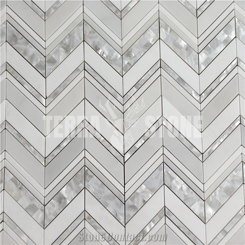 Crystal White Marble Mix Shell Mosaic Chevron Tiles