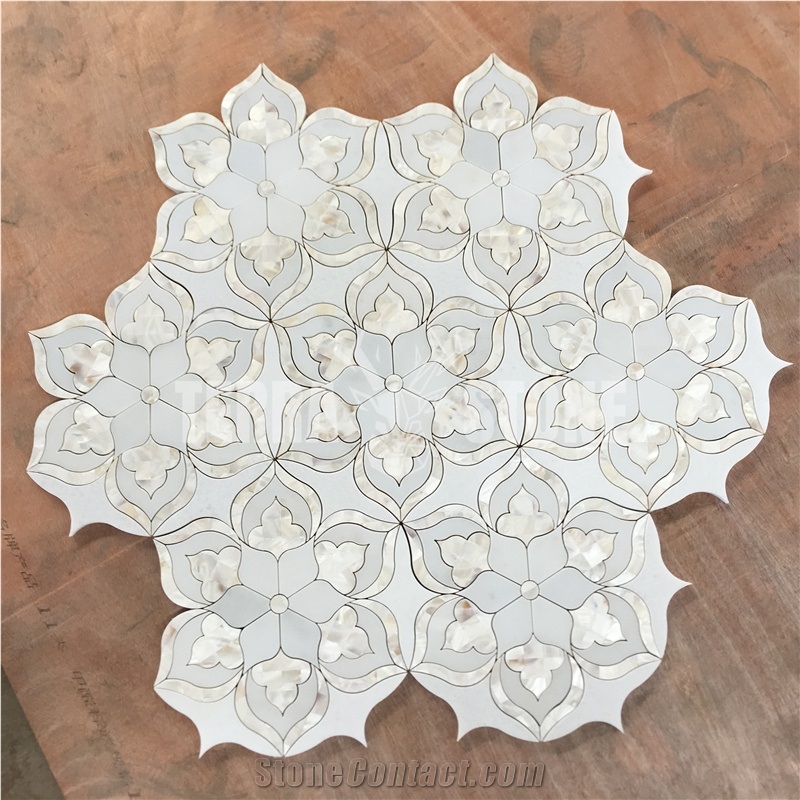 Floral Design Waterjet White Marble Pearl Shell Mosaic Tile