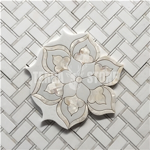 Floral Design Waterjet White Marble Pearl Shell Mosaic Tile