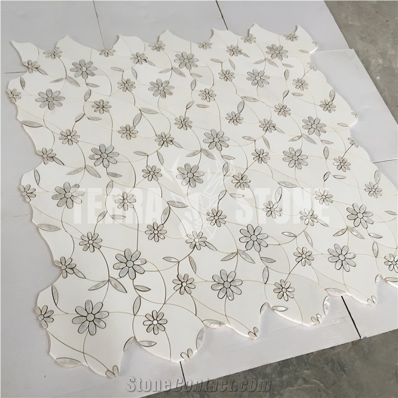 Floral Water Jet Marble Mosaic White Seashell Mosaic Tile