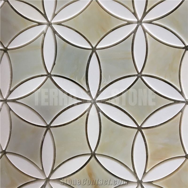 Flower Mosaic Tile Waterjet Marble And Glass For Bathroom
