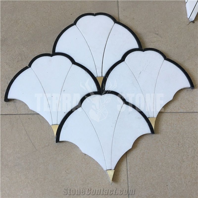 Grand Fan Marble Mosaic Waterjet With Brass Inlay Wall Tile