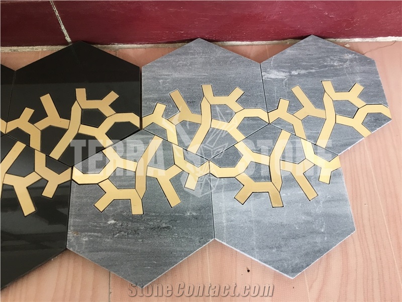 Gray Marble Hexagon Mosaic Water Jet With Brass Tile