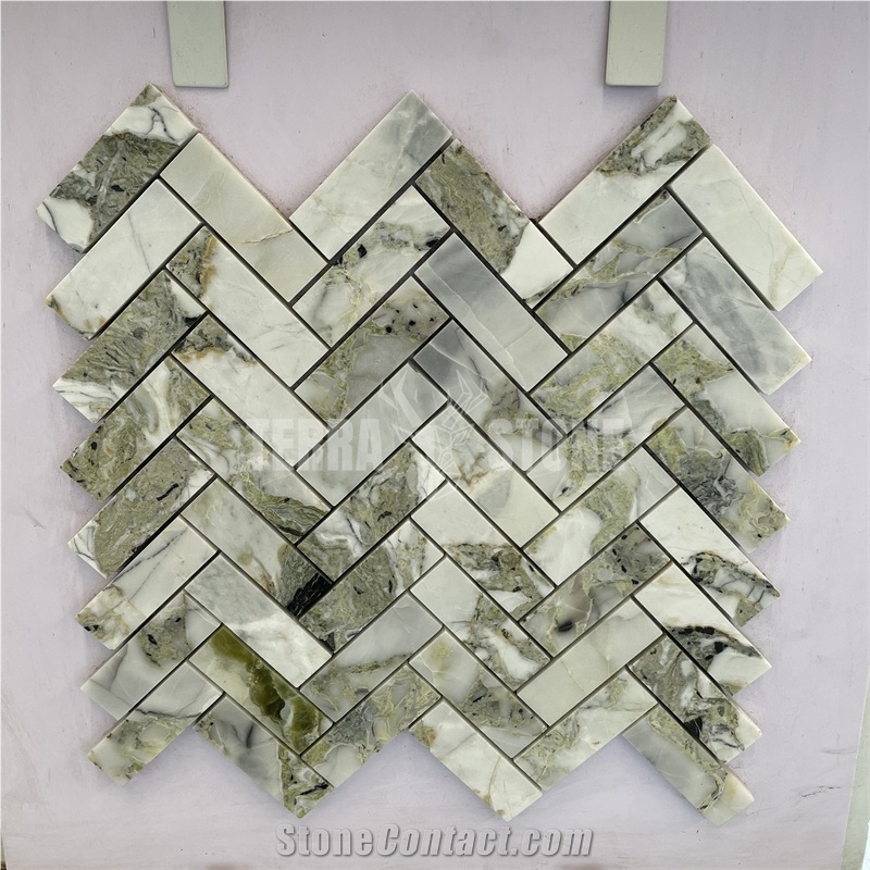 Green Marble Mosaic 1X3 Herringbone Wall Tile