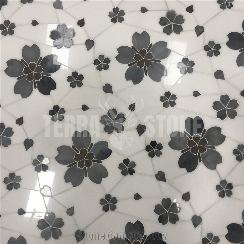 Grey Flower Waterjet Mosaic Natural White Marble Floor Tile