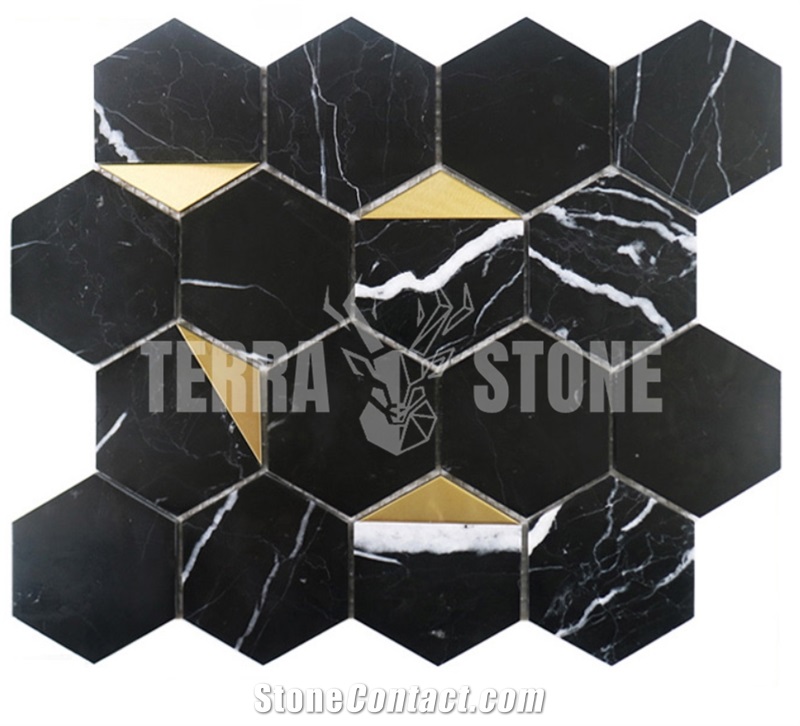 Hexagon Mosaic Nero Marquina Waterjet Marble Tile With Brass