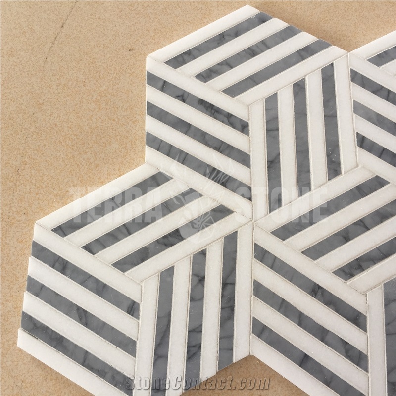Hexagon White And Grey Marble Trips Mosaic Bathroom Floor