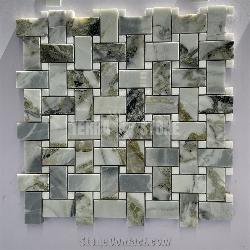 Ice Connect Marble Mosaic Basketweave Mosaic For Bathroom