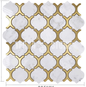 Lantern Design Waterjet Marble Mosaic Tile With Gold Brass