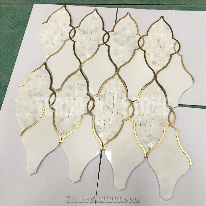 Lantern Tile Waterjet White Marble With Brass Chipped Mosaic