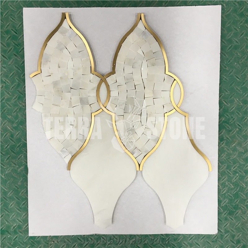 Lantern Tile Waterjet White Marble With Brass Chipped Mosaic