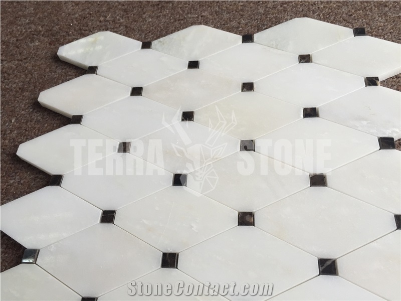 Long Octagon Oriental White Marble Mosaic With Black Dots