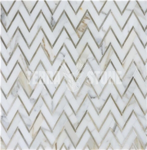 Marble Herringbone With Gold Metal Waterjet Mosaic Tile