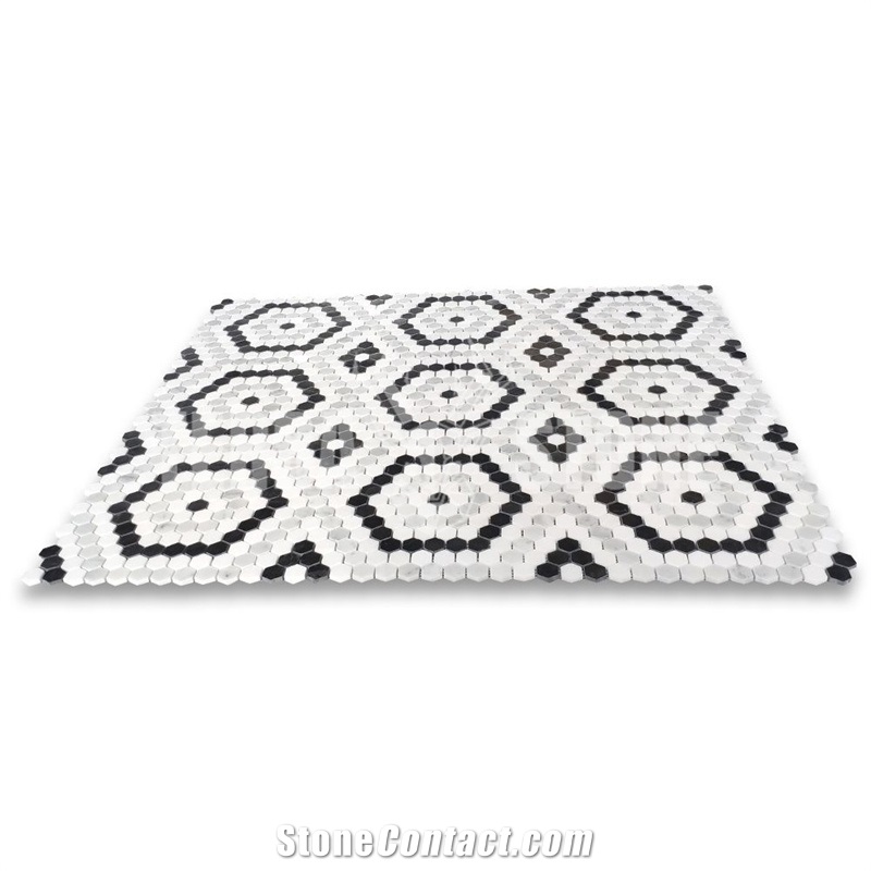 Marble Hexagon Riverside Drive Mosaic Tile White Black