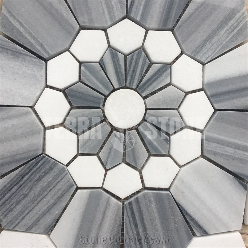 Marmara White Marble Water Jet Mosaic Tile Floral Pattern