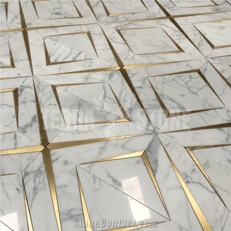 Metal Brass And Carrara White Marbl Water Jet Mosaic Tile