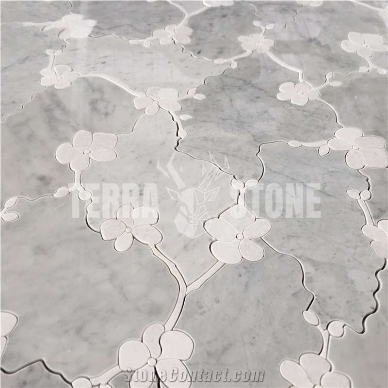 Mosaic Art Wall Marble Mosaic Wall Carrara Flower Waterjet