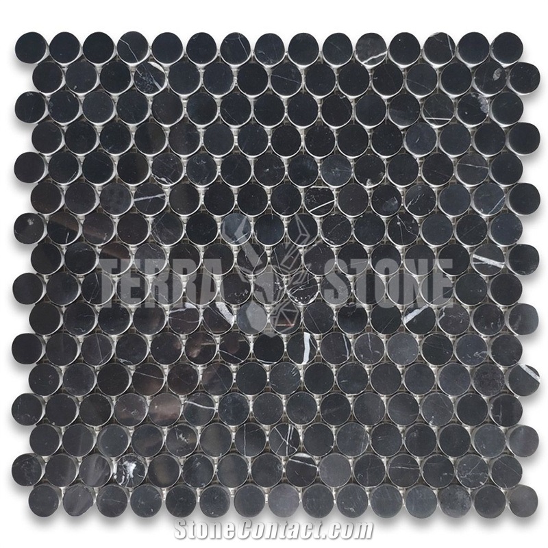 Nero Black Marble 3/4 Inch Penny Round Mosaic Tile Honed