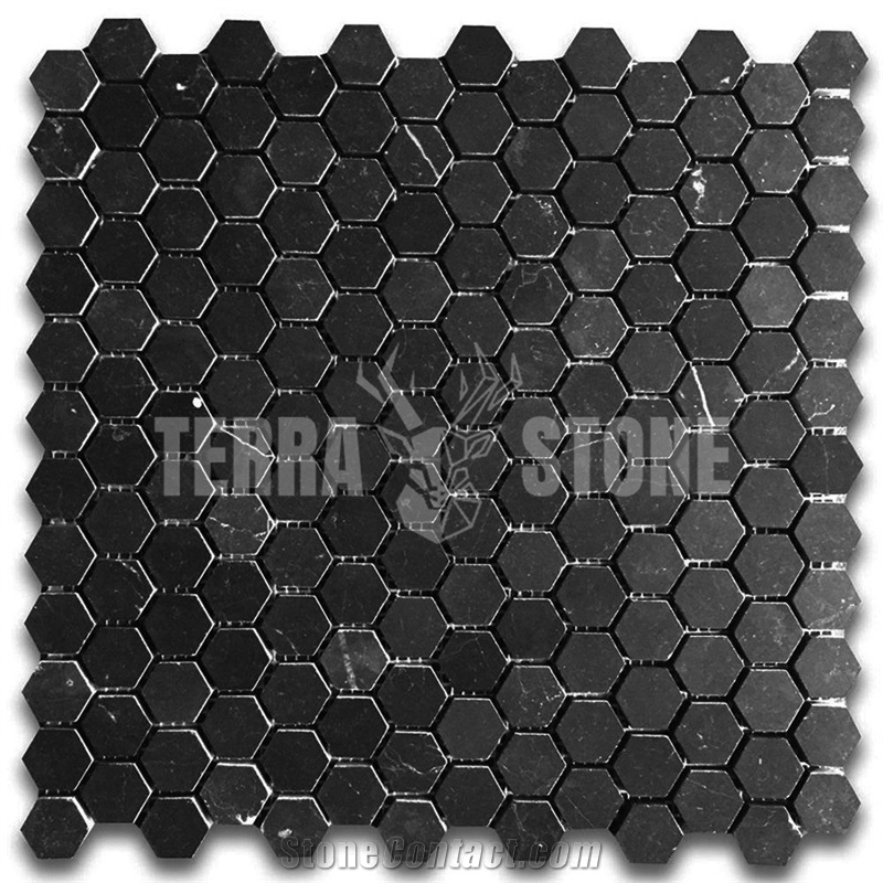 Nero Marquina Black Marble 1 Inch Hexagon Mosaic Tile