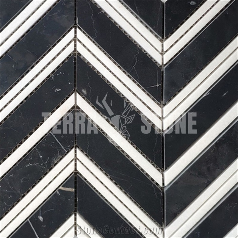 Nero Marquina Black Marble 1X4 Chevron Mosaic Tile