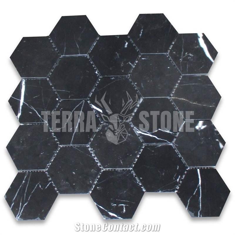 Nero Marquina Black Marble 3 Inch Hexagon Mosaic Tile