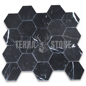 Nero Marquina Black Marble 3 Inch Hexagon Mosaic Tile