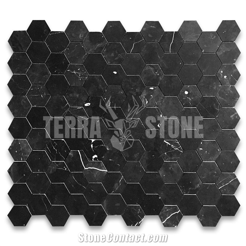 Nero Marquina Black Marble 4 Inch Hexagon Mosaic Tile