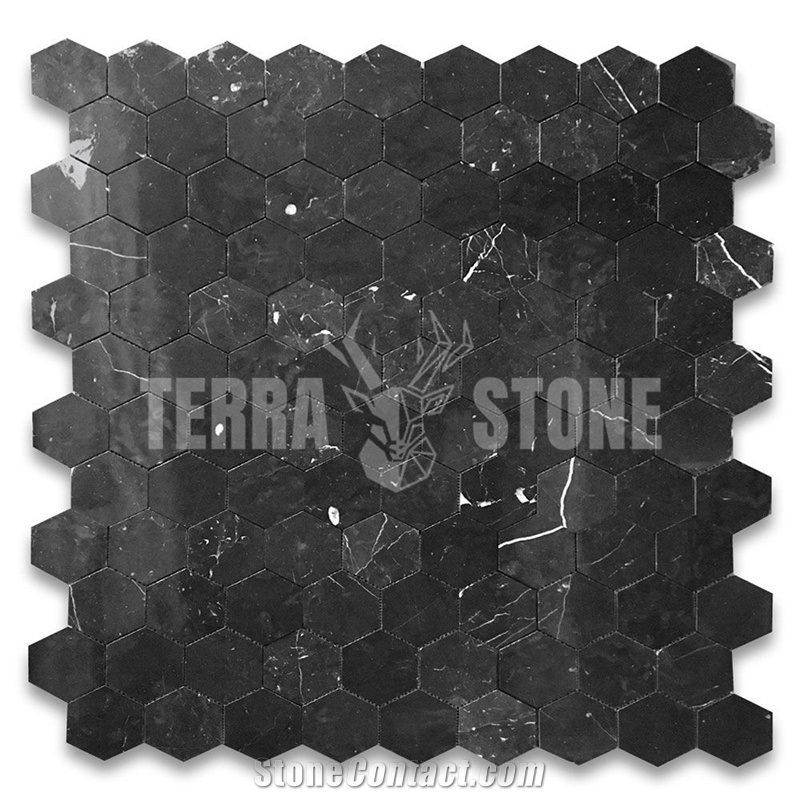 Nero Marquina Black Marble 4 Inch Hexagon Mosaic Tile