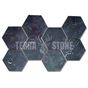 Nero Marquina Black Marble 5 Inch Hexagon Mosaic Tile