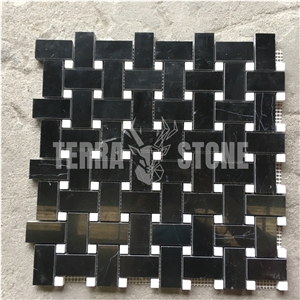 Nero Marquina Black Marble Basketweave White Dots Mosaic