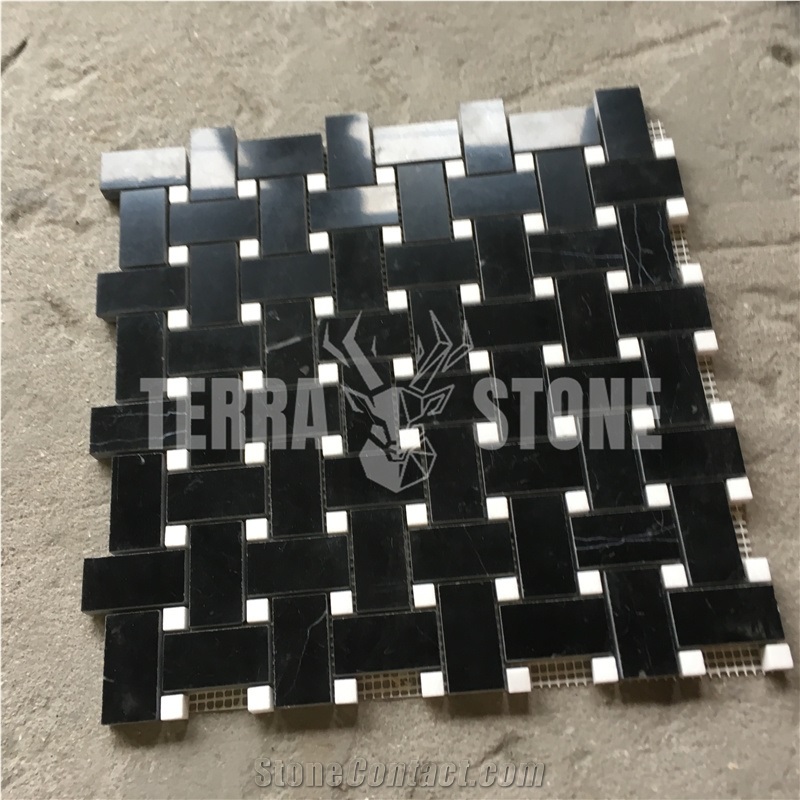 Nero Marquina Black Marble Basketweave White Dots Mosaic