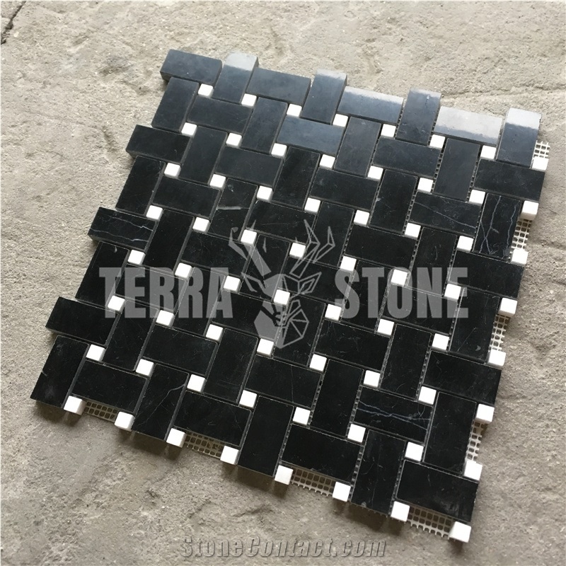 Nero Marquina Black Marble Basketweave White Dots Mosaic