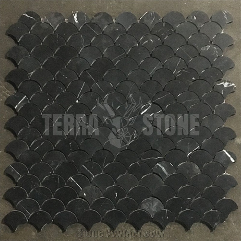 Nero Marquina Black Marble Fish Scale Fan Shape Mosaic Tile