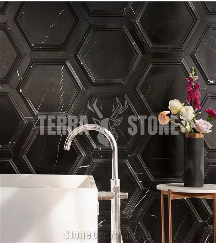 Nero Marquina Black Marble Mosaic Hexagon Wall Tile