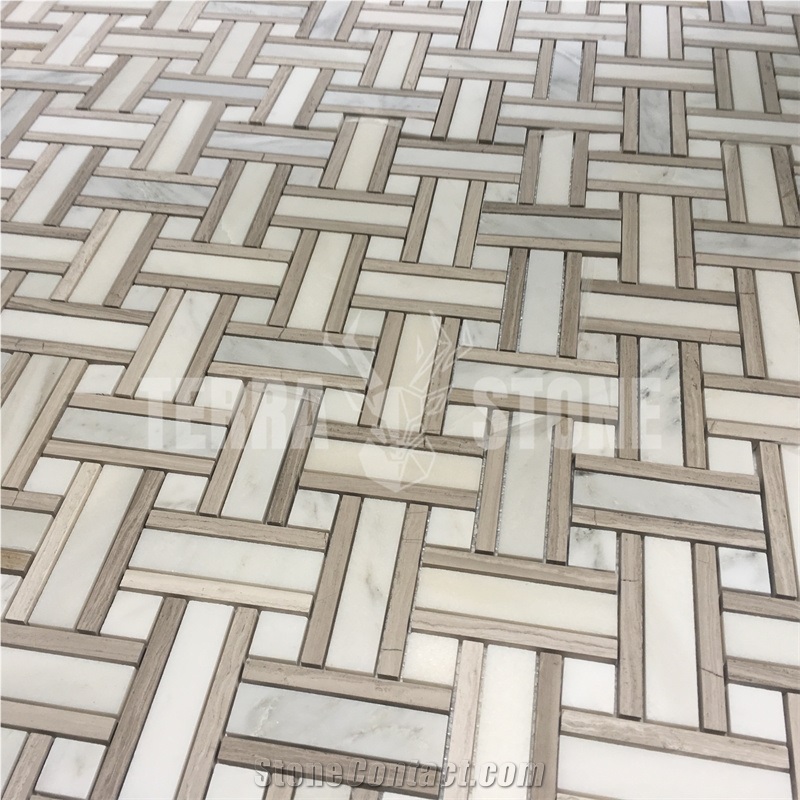 Oriental White Marble And Wooden Marble Basketweave Mosaic