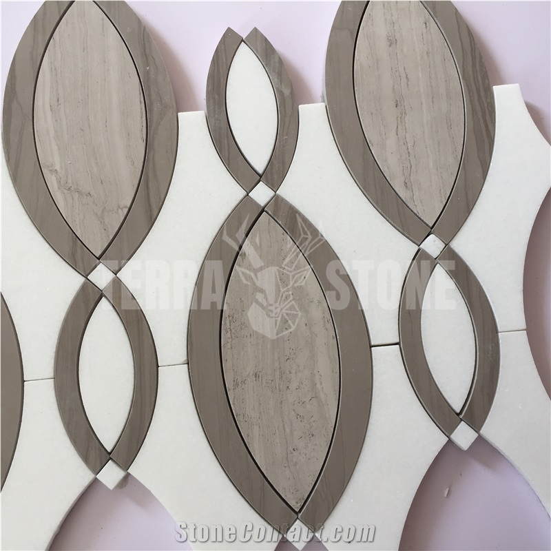 Oval Design White Thassos And Wooden Marble Waterjet Mosaic