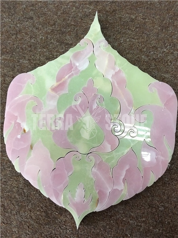 Pink And Green Onyx Fire Pattern Waterjet Mosaic Tile