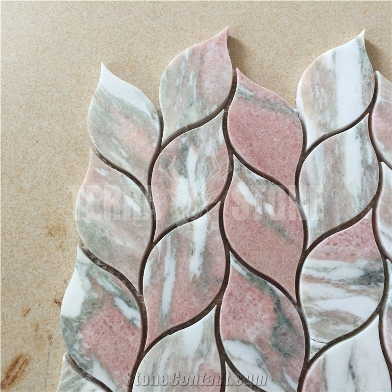 Red Marble Stone Mosaic Tile Leaf Pattern Waterjet Tiles