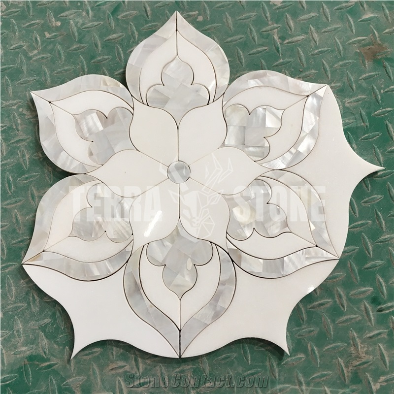 Shell Mix Marble Flower Pattern Waterjet Marble Mosaic Tile