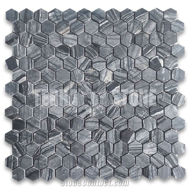 Silver Wave Black Forest Marble 1 Inch Hexagon Mosaic Tile