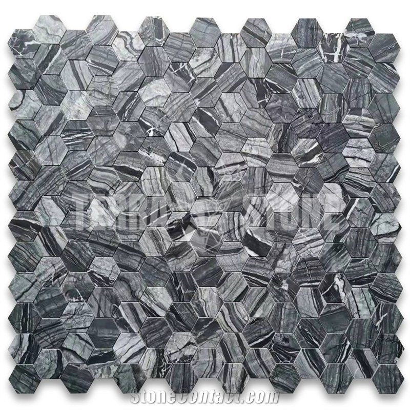 Silver Wave Black Forest Marble 2 Inch Hexagon Mosaic