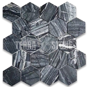 Silver Wave Black Forest Marble 3 Inch Hexagon Mosaic Tile