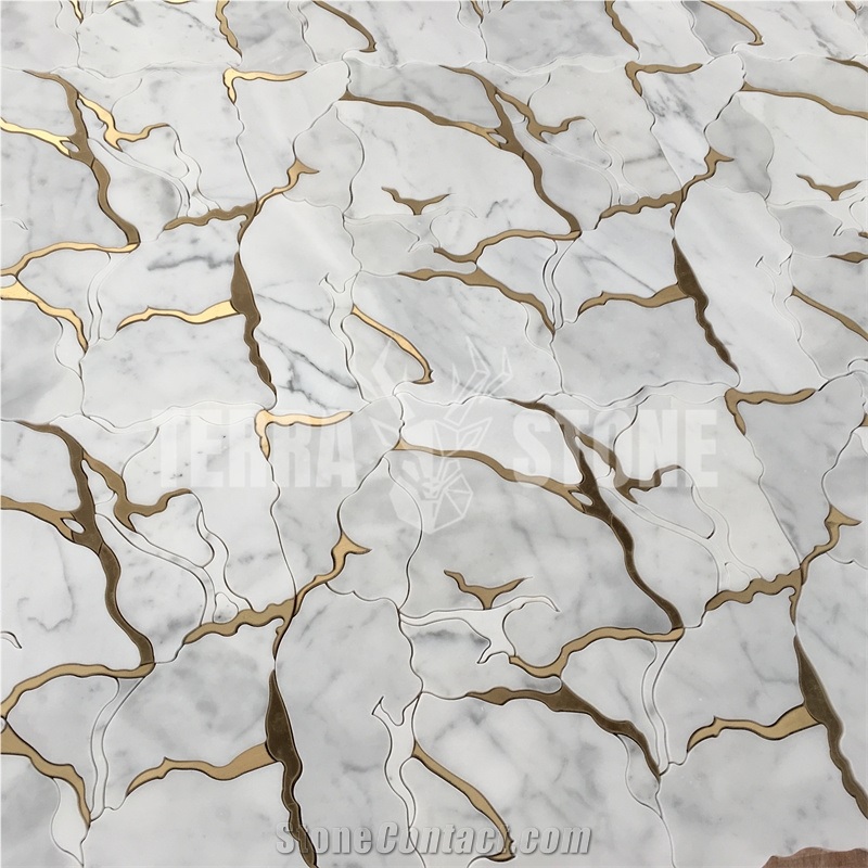 Statuario White Marble Water Jet Mosaic Metal Brass Tile