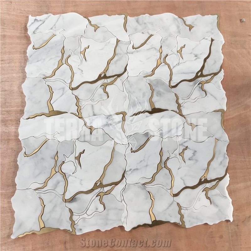 Statuario White Marble Water Jet Mosaic Metal Brass Tile