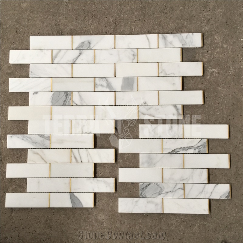 Statuario White Marble With Gold Metal Subway Mosaic Tile