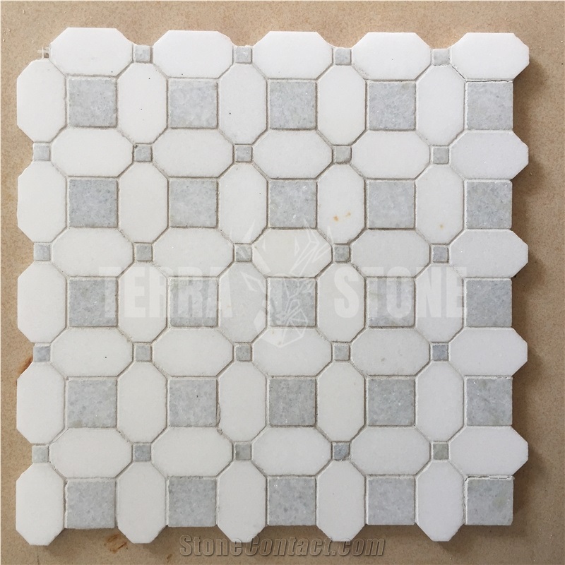 Thassos And Blue White Marble Geometry Mosaic Floor Tile